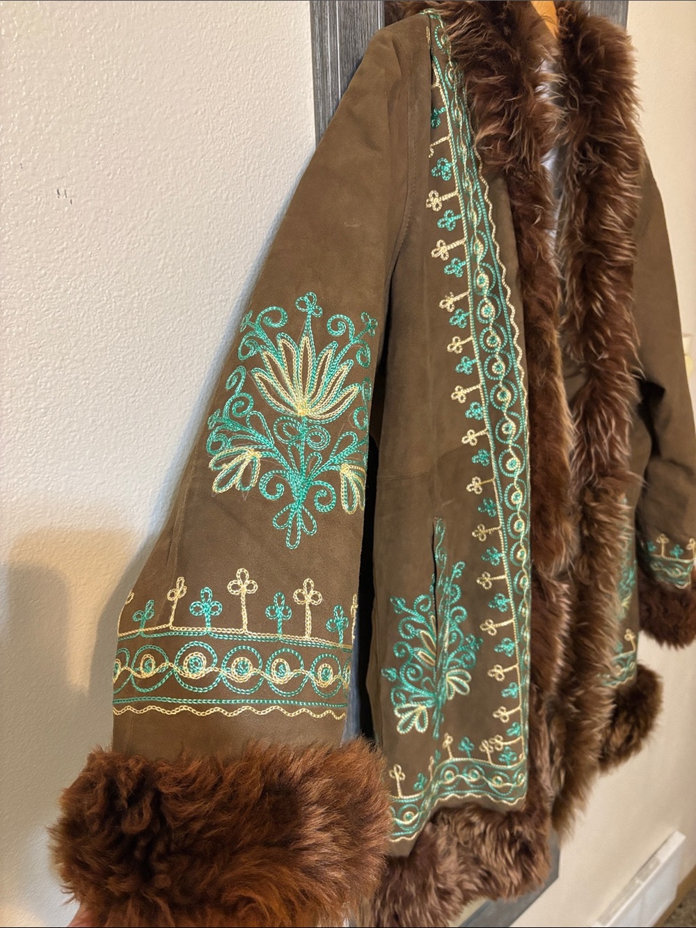 Penny lane Bohemian Embroidered Faux-Fur Trim Brown Coat - Picture 2 of 8